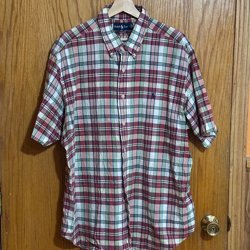 Ralph Lauren Men's Plaid‎ Shirt sz XXL Burgundy White green plaid short sleeve